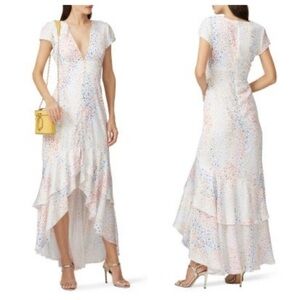 Hutch Multi Color Heart Maxi Dress White Satin Hi Low short sleeves V-neck
